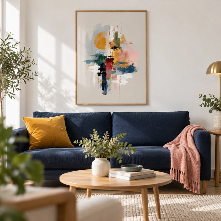 Colorful Wabi Sabi Print, framed on the wall of a bright modern living room with a soft white wall