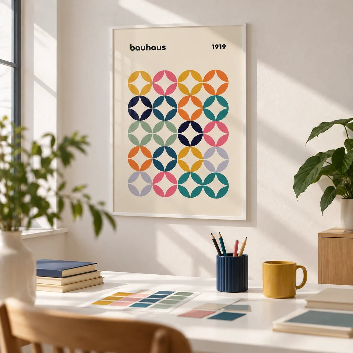Colorful Wall Art Office, framed on the wall of a bright design studio