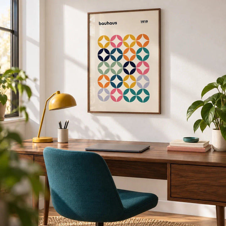 Colorful Wall Art Office, framed on the wall of a modern home office with a crisp white wall
