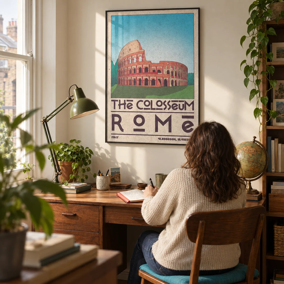 Colosseum Art Print, framed on the wall of a compact study in a travel-loving adult's UK flat with cream walls and a vintage walnut desk