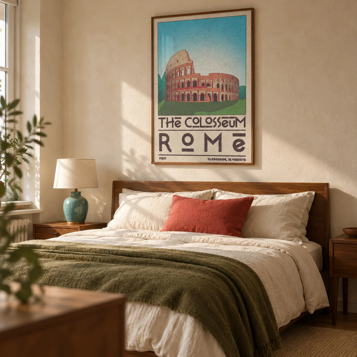 Colosseum Art Print, framed on the wall of a warm bedroom in a UK terraced home with cream limewashed walls and simple walnut furniture