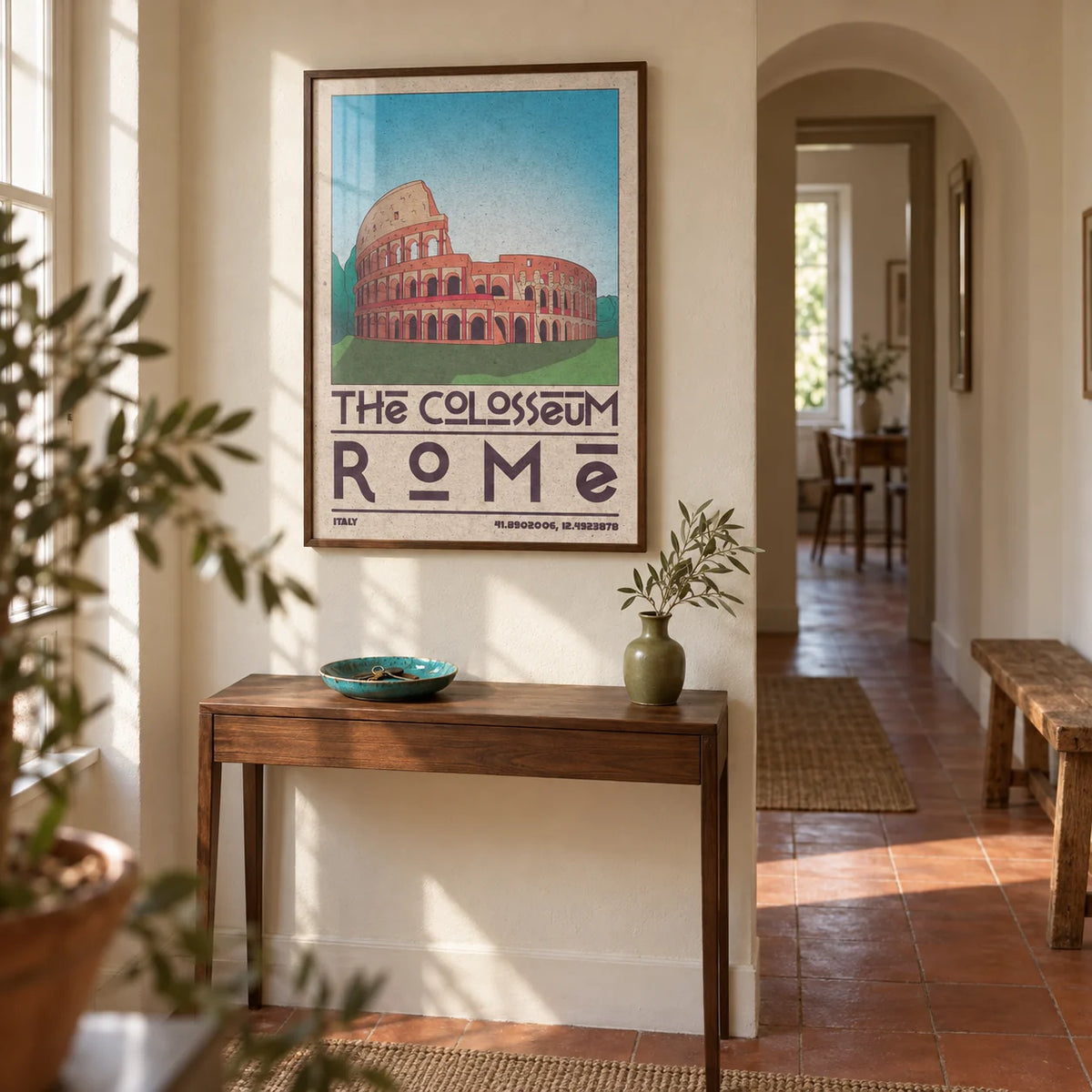 Colosseum Art Print, framed on the wall of a welcoming hallway in a UK period flat with pale cream plaster walls and terracotta floor tiles