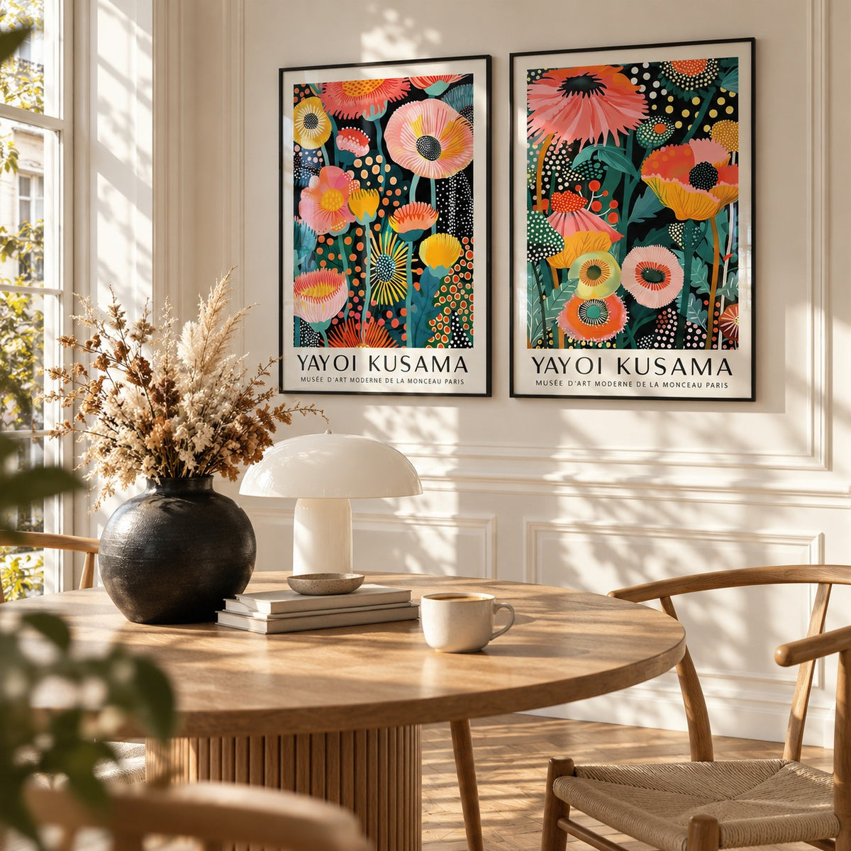 Colourful Floral Prints Set of 2 styled above a round fluted oak dining table with a mushroom lamp: Petal Paradise and Botanical Glow shown framed side by side (frames not included)