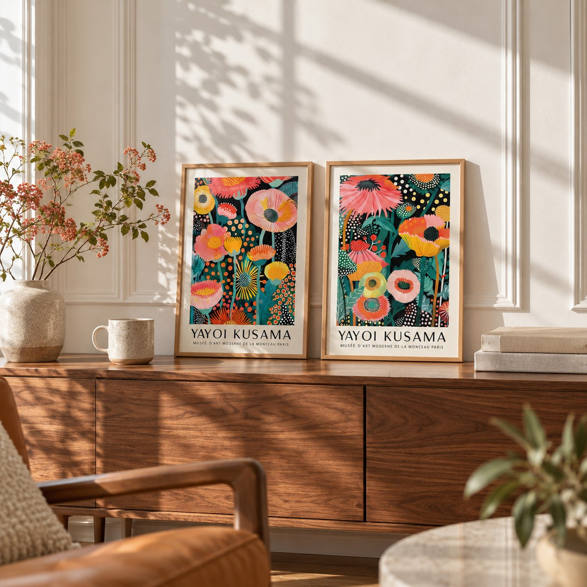 Colourful Floral Prints Set of 2 styled as small A4 prints on a shelf, to show the gift size: Petal Paradise and Botanical Glow shown framed side by side (frames not included)