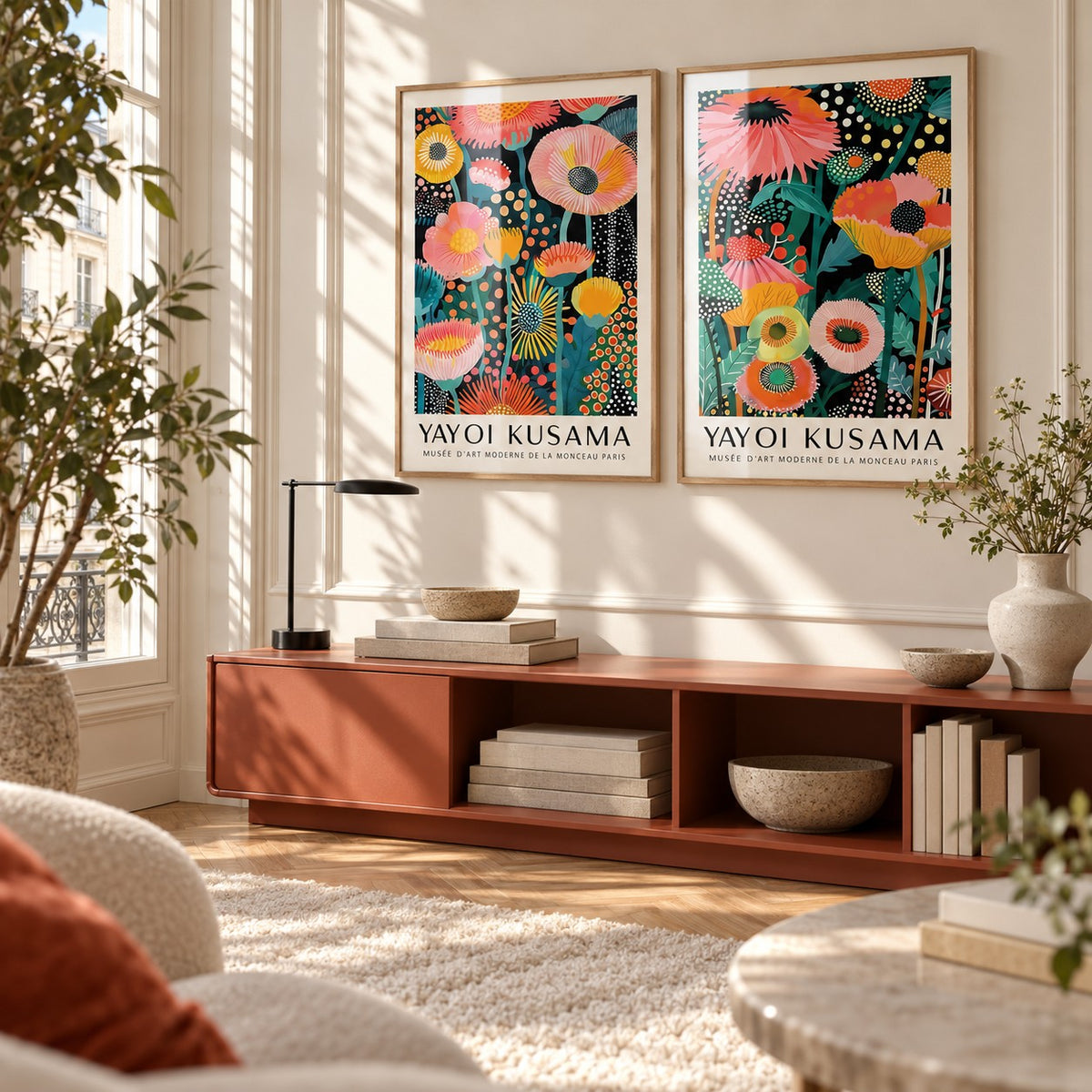 Colourful Floral Prints Set of 2 styled above a terracotta credenza in a warm minimal room: Petal Paradise and Botanical Glow shown framed side by side (frames not included)