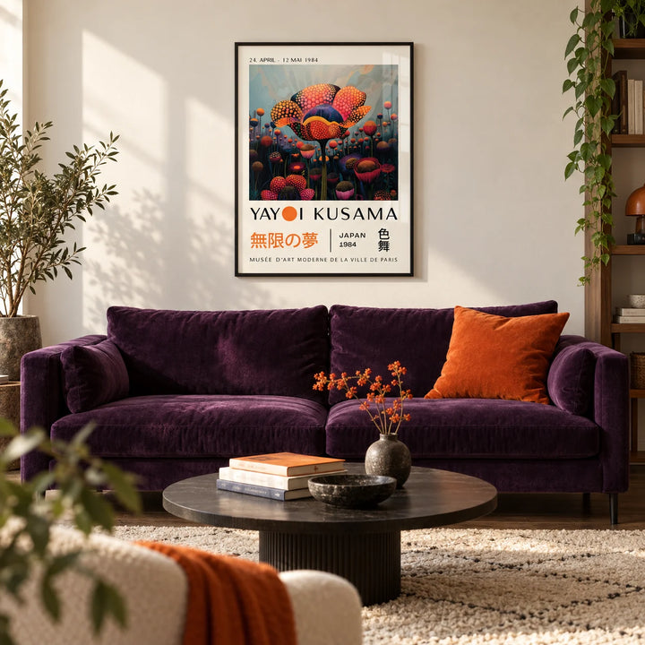 Colourful Flower Prints, framed on the wall of a design-led living room with a warm cream wall and a dark oak floor
