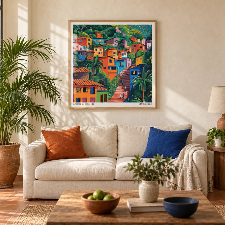 Comuna 13 Art, framed on the wall of a warm Latin-modern living room with a limewashed warm white plaster wall and a plain terracotta tiled floor