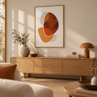 Contemporary Abstract Poster, framed on the wall of a warm Japandi living room