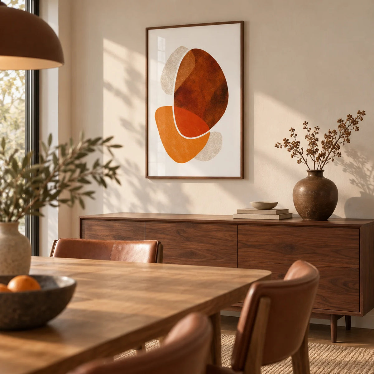 Contemporary Abstract Poster, framed on the wall of a warm modern dining room
