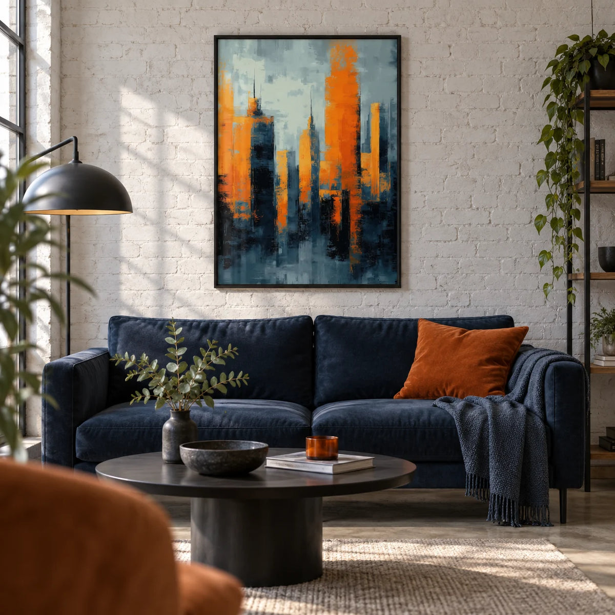 Contemporary Urban Art, framed on the wall of a design-led city-flat living room with an exposed brick wall painted white and a concrete floor