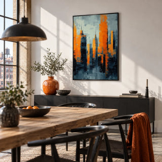 Contemporary Urban Art, framed on the wall of a loft-style dining room with a white wall and large windows