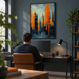 Contemporary Urban Art, framed on the wall of a modern home office with a blue-grey wall