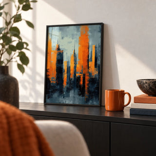Contemporary Urban Art, a small A4 framed print leaning on a black shelf in a living room