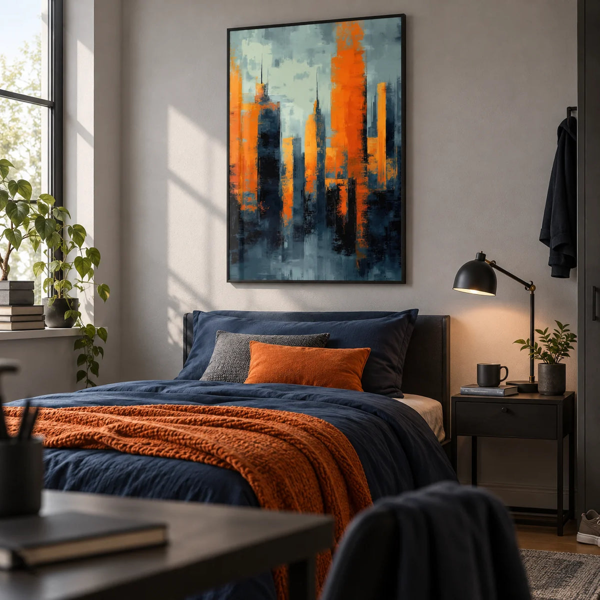 Contemporary Urban Art, framed on the wall of a young man's bedroom (18-25) with a light grey wall