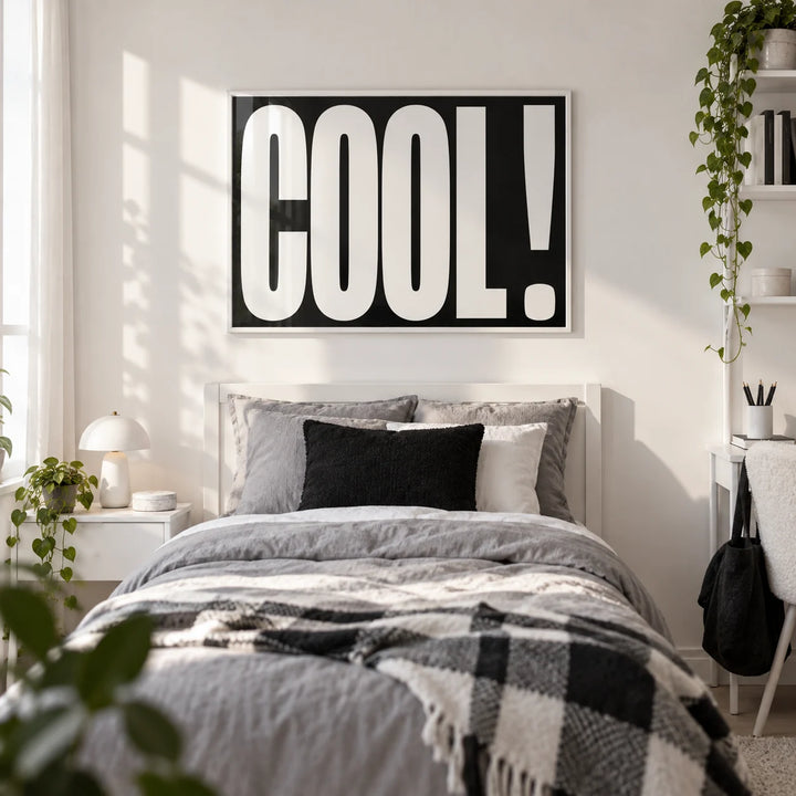 Cool Typography Art, framed on the wall of a modern single bedroom for a teenage girl (13-17) with a white wall