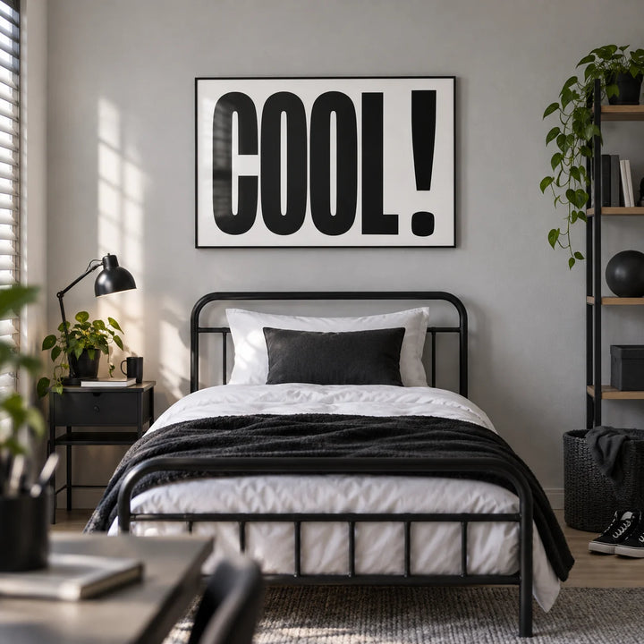 Cool Typography Poster, framed on the wall of a modern single bedroom for a teenage boy (13-17) with a light grey wall