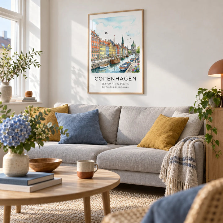 Copenhagen Canal Wall Art, framed on the wall of a bright Scandinavian living room