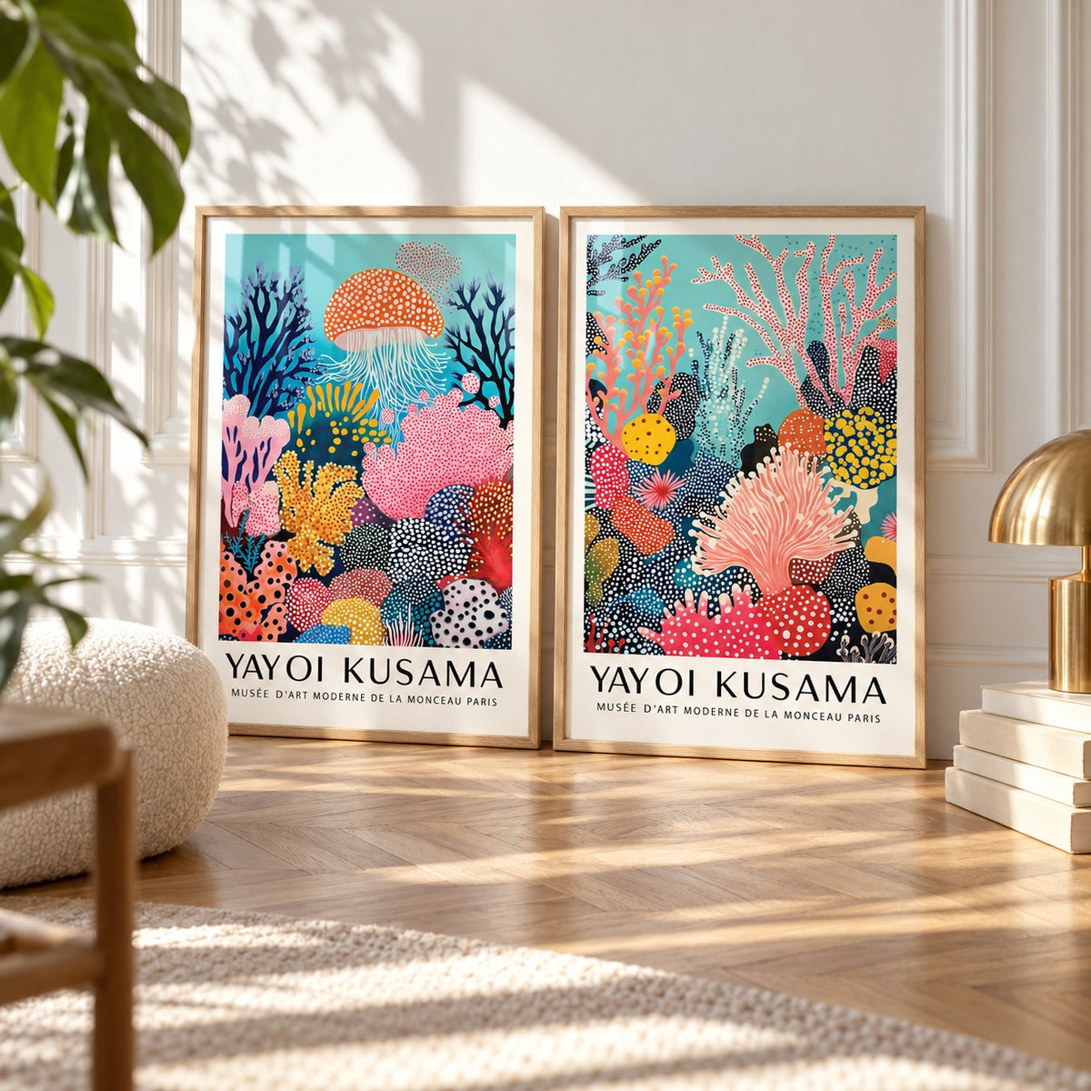 Coral Prints Set of 2 styled leaning on a herringbone floor between a boucle cushion and a brass mushroom lamp: Coral Drift and Ocean Pulse shown framed side by side (frames not included)