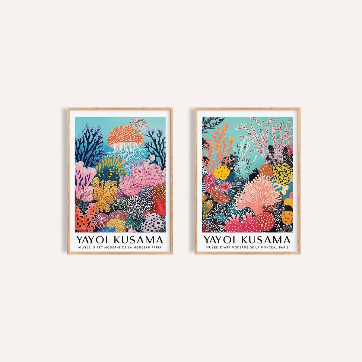 Coral Prints Set of 2: Coral Drift and Ocean Pulse side by side, two separate unframed prints