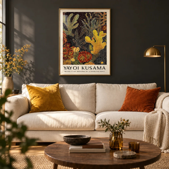 Coral Reef Art Abstract, framed on the wall of a warm modern living room with a deep charcoal painted wall and an oak floor