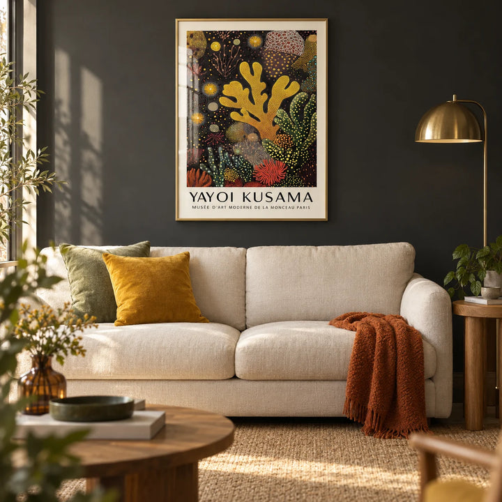Coral Reef Painting, framed on the wall of a warm modern living room with a deep charcoal painted wall