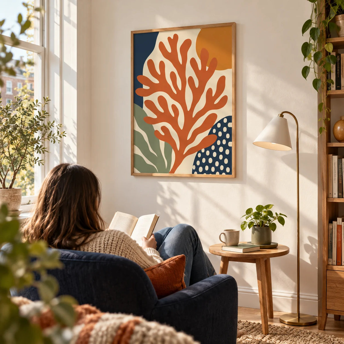 Coral Wall Art, framed on the wall of a bright reading corner in a design-conscious UK first flat for an adult aged 25-35 in a living room