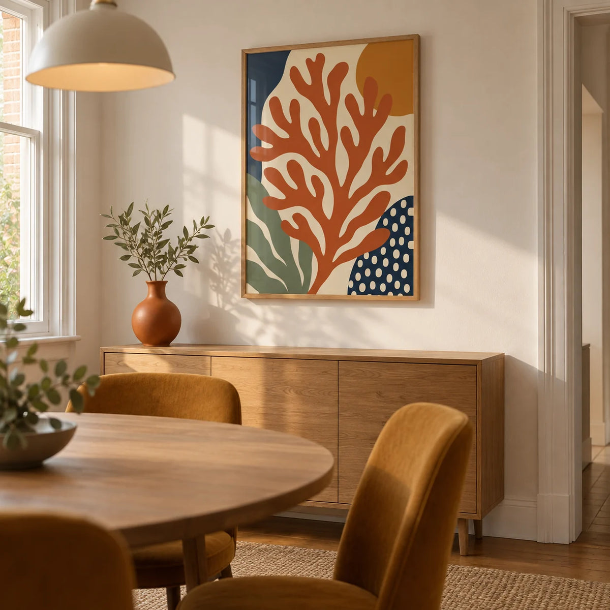 Coral Wall Art, framed on the wall of a compact modern dining room in a UK terrace with warm white walls and a simple pendant light