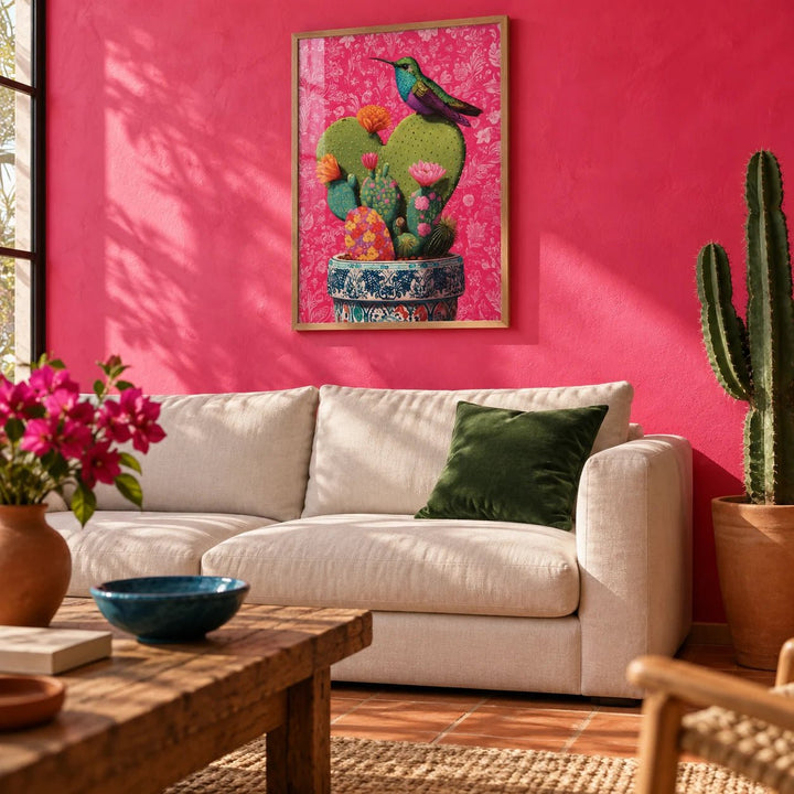 Nopal Art, framed on the wall of a bold Mexican-modern living room with a hot pink limewashed wall