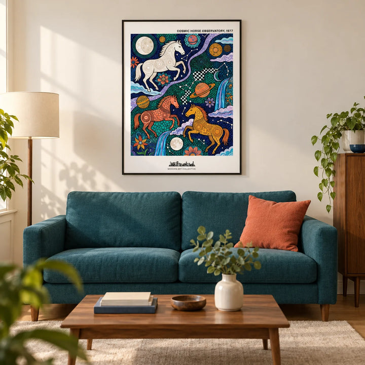 Cosmic Horse Art Print, framed on the wall of a creative living room in a UK city flat with warm white walls