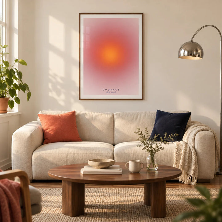 Courage Poster, framed on the wall of a modern living room in a UK first flat (22-28) with warm white walls and a walnut floor