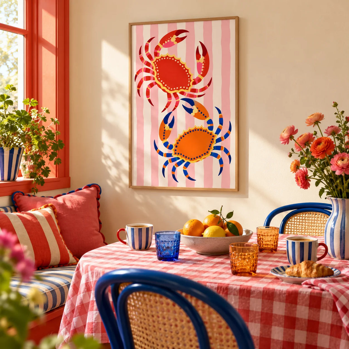 Crab Print, framed on the wall of a bright breakfast nook in a kitchen