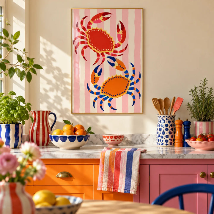 Crab Print, framed on the wall of a colourful dopamine kitchen