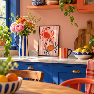 Crab Print, a small A4 framed print leaning on a kitchen worktop