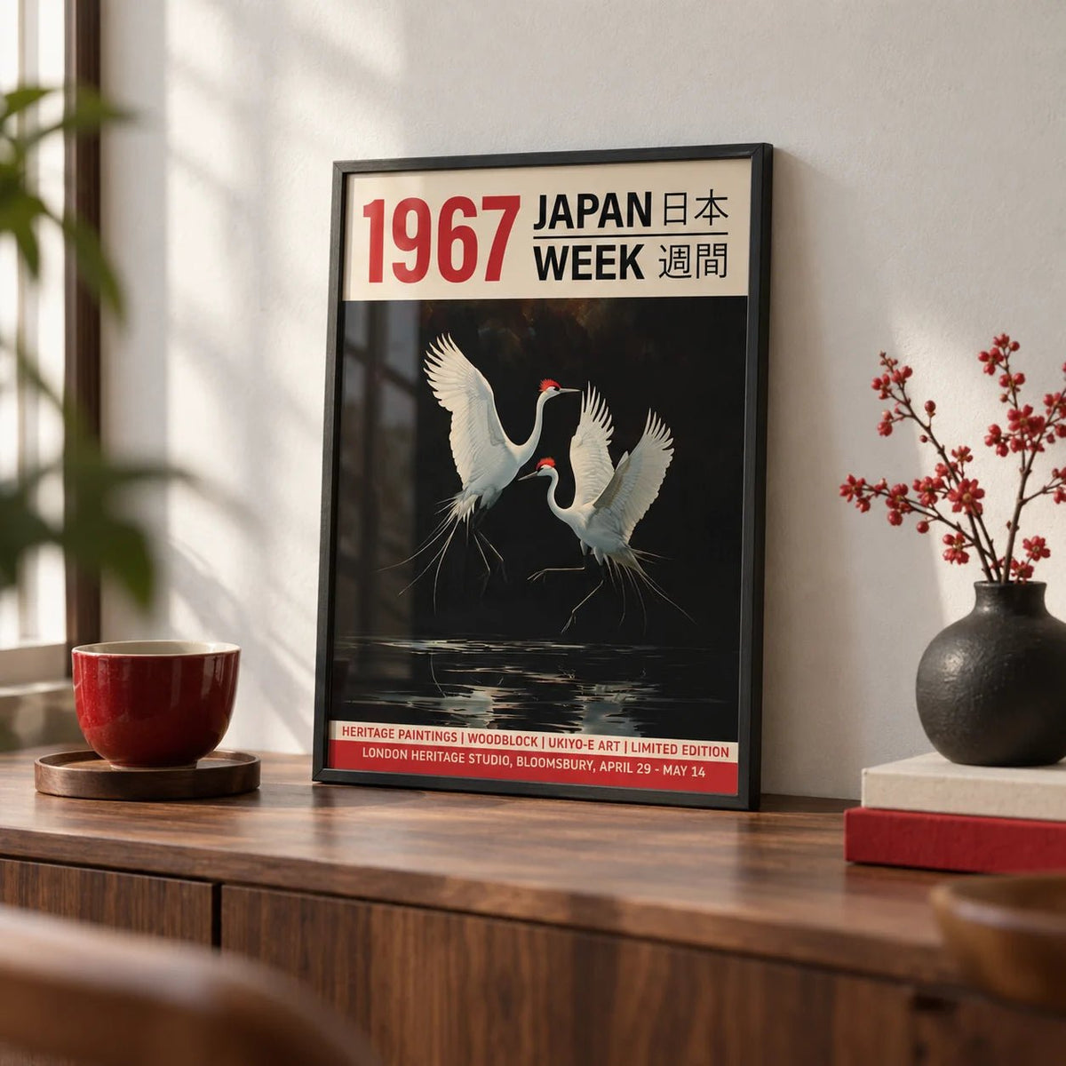 Crane Art Print, a small A4 framed print leaning on a walnut shelf in a living room