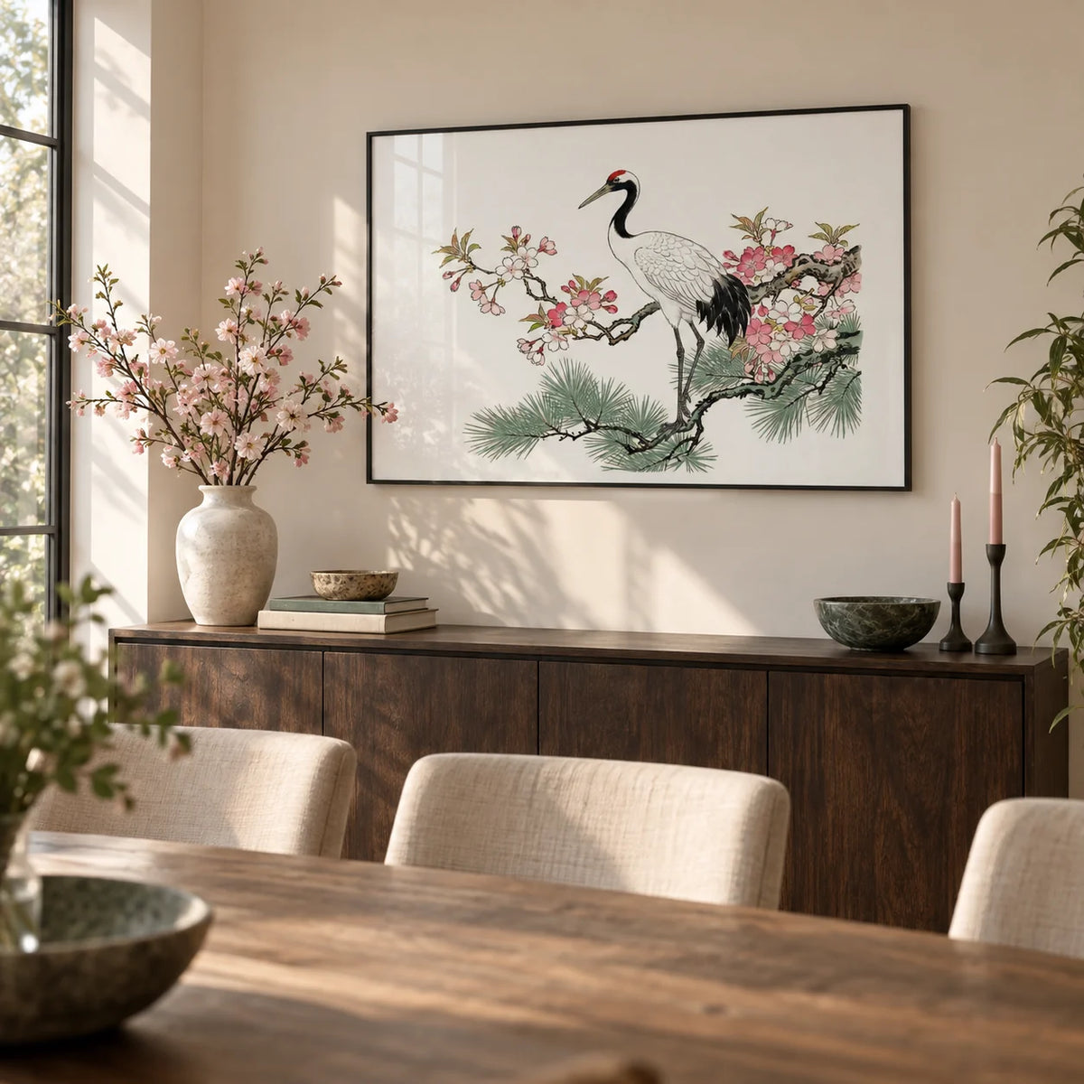 Crane Cherry Blossom Art Print, framed on the wall of a calm dining room