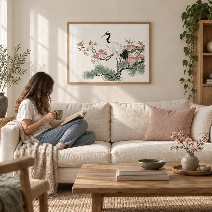 Crane Cherry Blossom Art Print, framed on the wall of a calm Japandi living room