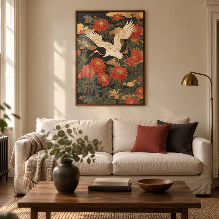 Crane Floral Art Print, framed on the wall of a considered living room in a UK Victorian terrace with warm ivory plaster walls and walnut floorboards