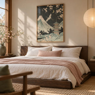 Crane Japanese Art, framed on the wall of a calm Japanese-style bedroom