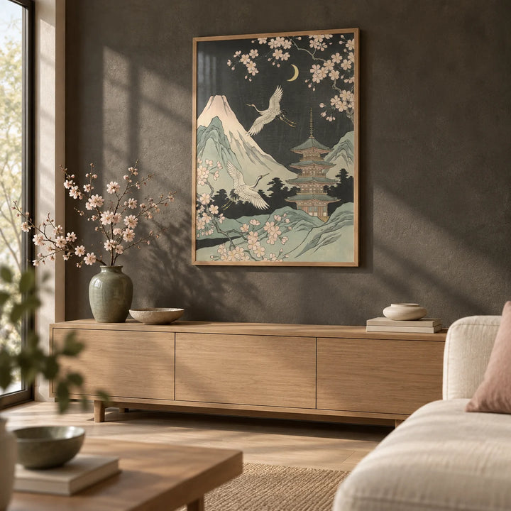 Crane Japanese Art, framed on the wall of a Japanese-modern living room with a charcoal limewashed wall