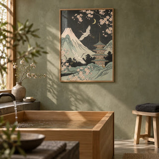 Crane Japanese Art, framed on the wall of a Japanese spa bathroom