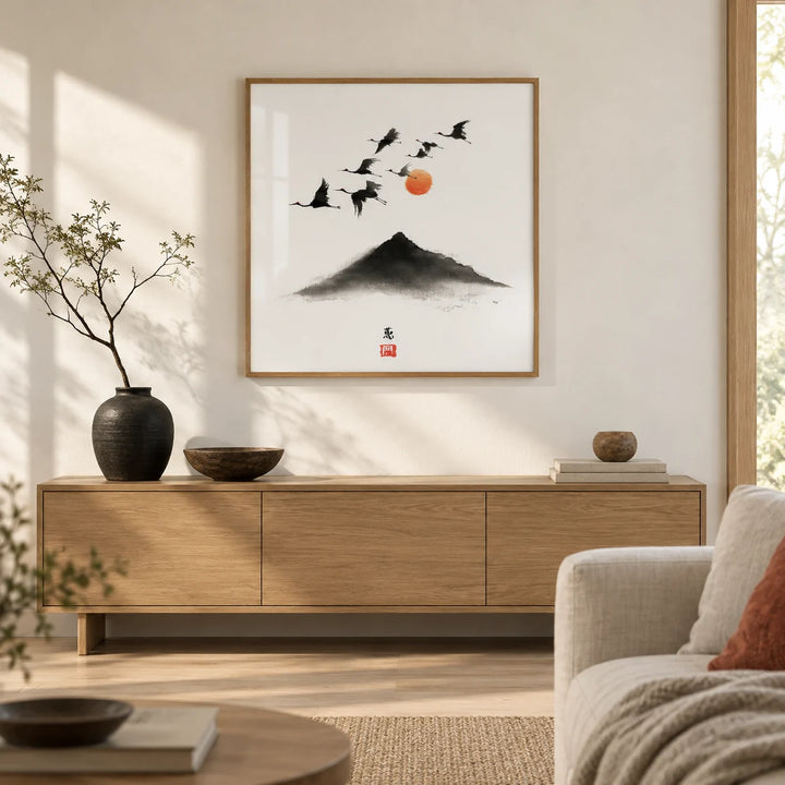Crane Mountain Art, framed on the wall of a calm Japandi living room with a warm white wall and a pale oak floor