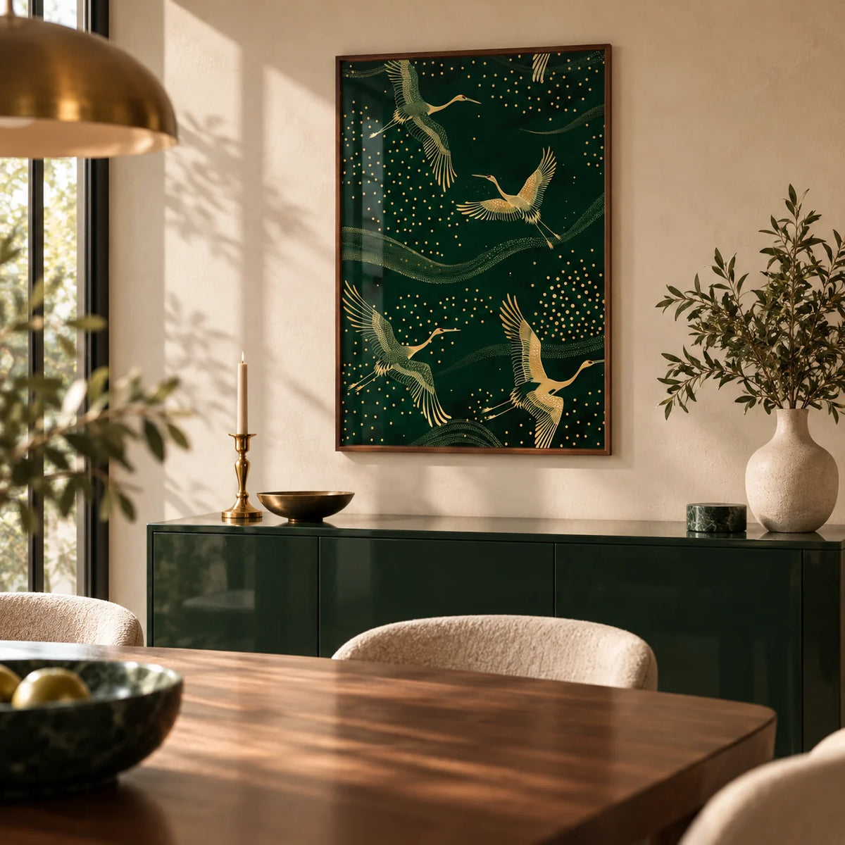 Cranes Gold Art Print, framed on the wall of a luxe dining room