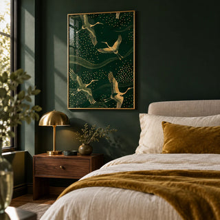 Cranes Gold Art Print, framed on the wall of a rich bedroom with deep forest green walls