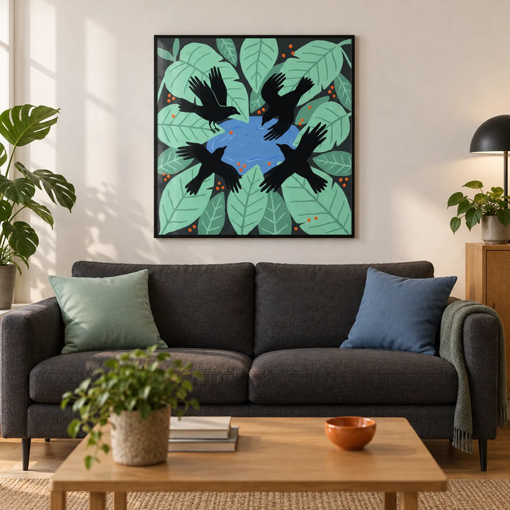 Crows Art Print, framed on the wall of a contemporary living room in a UK city flat with a warm white wall and oak floor