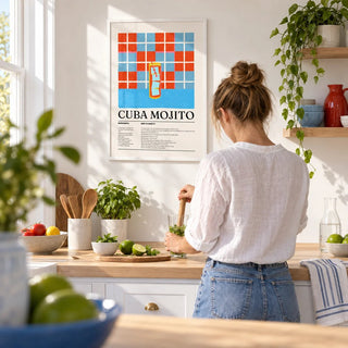 Cuban Mojito Recipe, framed on the wall of a bright kitchen with white walls and a pale wood worktop