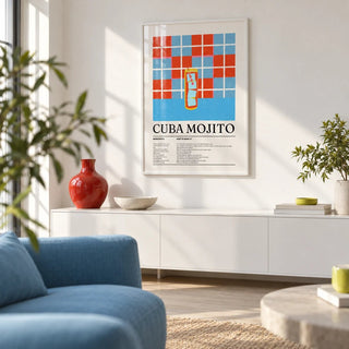 Cuban Mojito Recipe, framed on the wall of a bright living room with a white wall and a pale wood floor