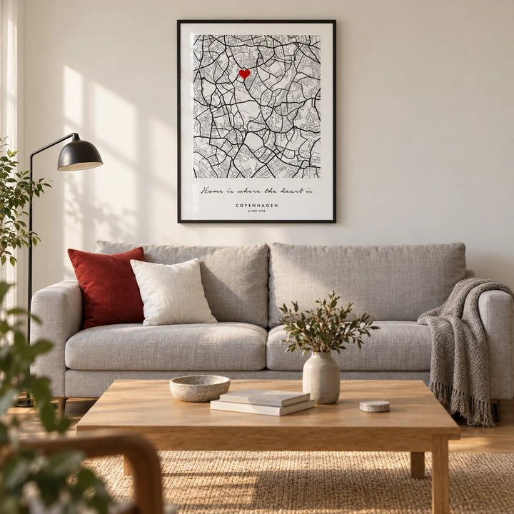 Custom Anniversary Gift, framed on the wall of a modern living room in a couple's UK terraced home with a warm white wall and oak floor