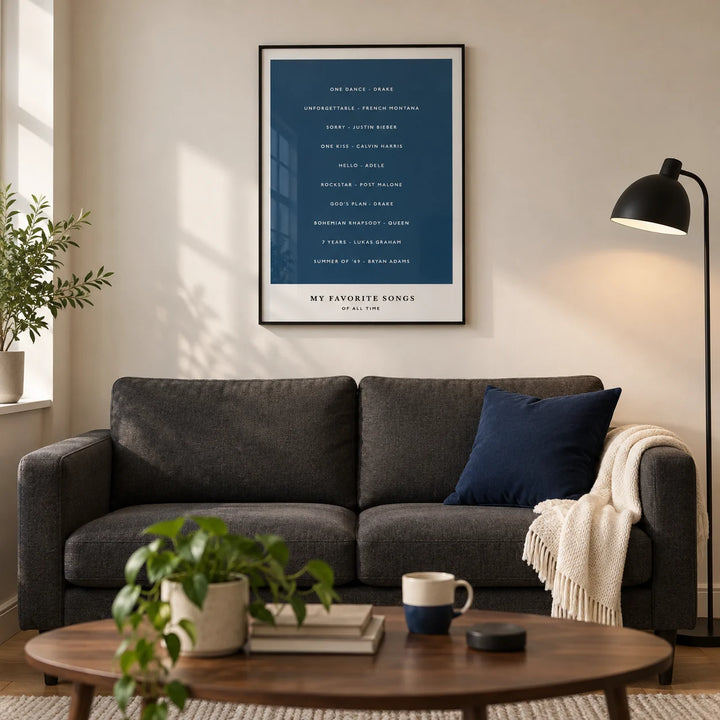 Custom Song Wall Art, framed on the wall of a modern living room in a UK first flat (22-28)
