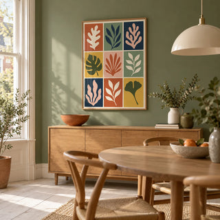 Cut Out Print, framed on the wall of a bright modern dining room in a Victorian terrace with a muted sage green wall and pale floorboards