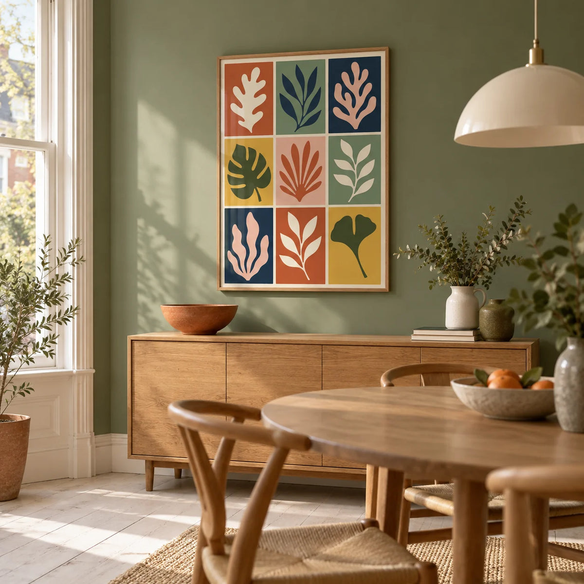 Cut Out Print, framed on the wall of a bright modern dining room in a Victorian terrace with a muted sage green wall and pale floorboards